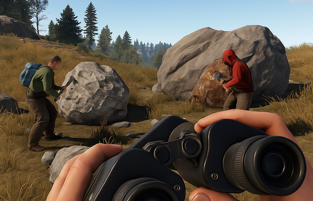 two players farming nodes while a third scouts with binoculars