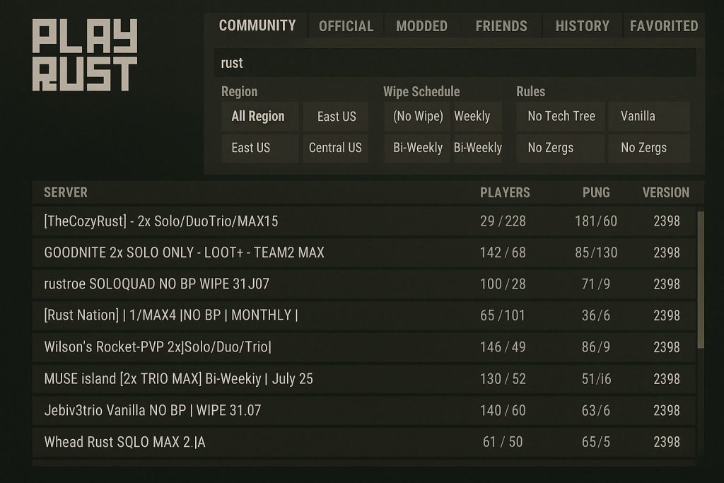 server browser UI with filters for region, wipe schedule, and rules