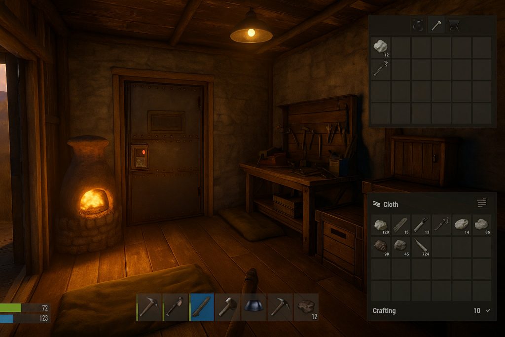 in-game screenshot showing a compact starter base, workbench, furnace, and inventory