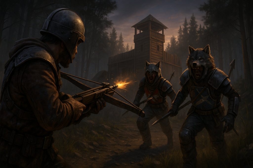 Rust player fighting off raiders with crossbow